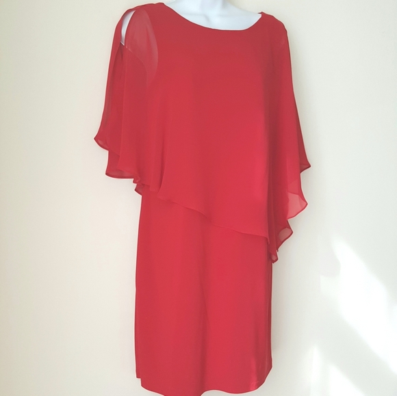 MSK Dresses & Skirts - Red Dress Sheer Capelet Size Medium Petite Holiday